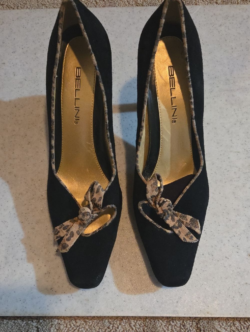 Bellini Black Suede Pumps with Leopard-Print Bow Trim
